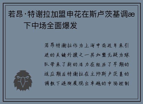 若昂·特谢拉加盟申花在斯卢茨基调教下中场全面爆发