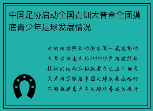 中国足协启动全国青训大普查全面摸底青少年足球发展情况