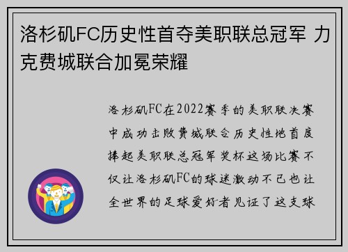 洛杉矶FC历史性首夺美职联总冠军 力克费城联合加冕荣耀 洛杉矶FC历史性首夺美职联总冠军 力克费城联合加冕荣耀